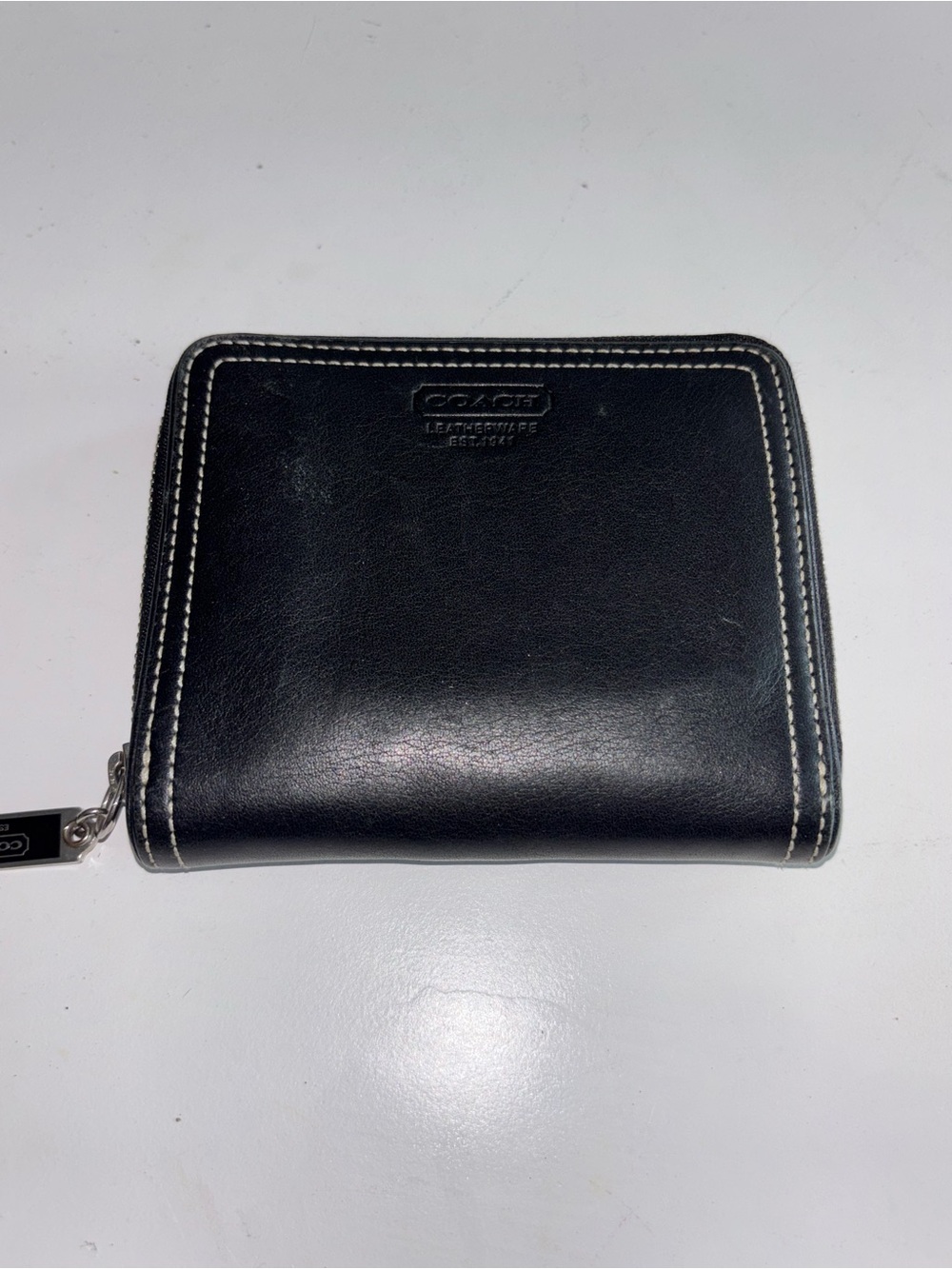 Coach Black Leather Zip-Around Wallet with Contrast Stitching